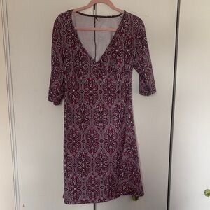 Prana Burgundy and White Patterned V-Neck Midi Dress